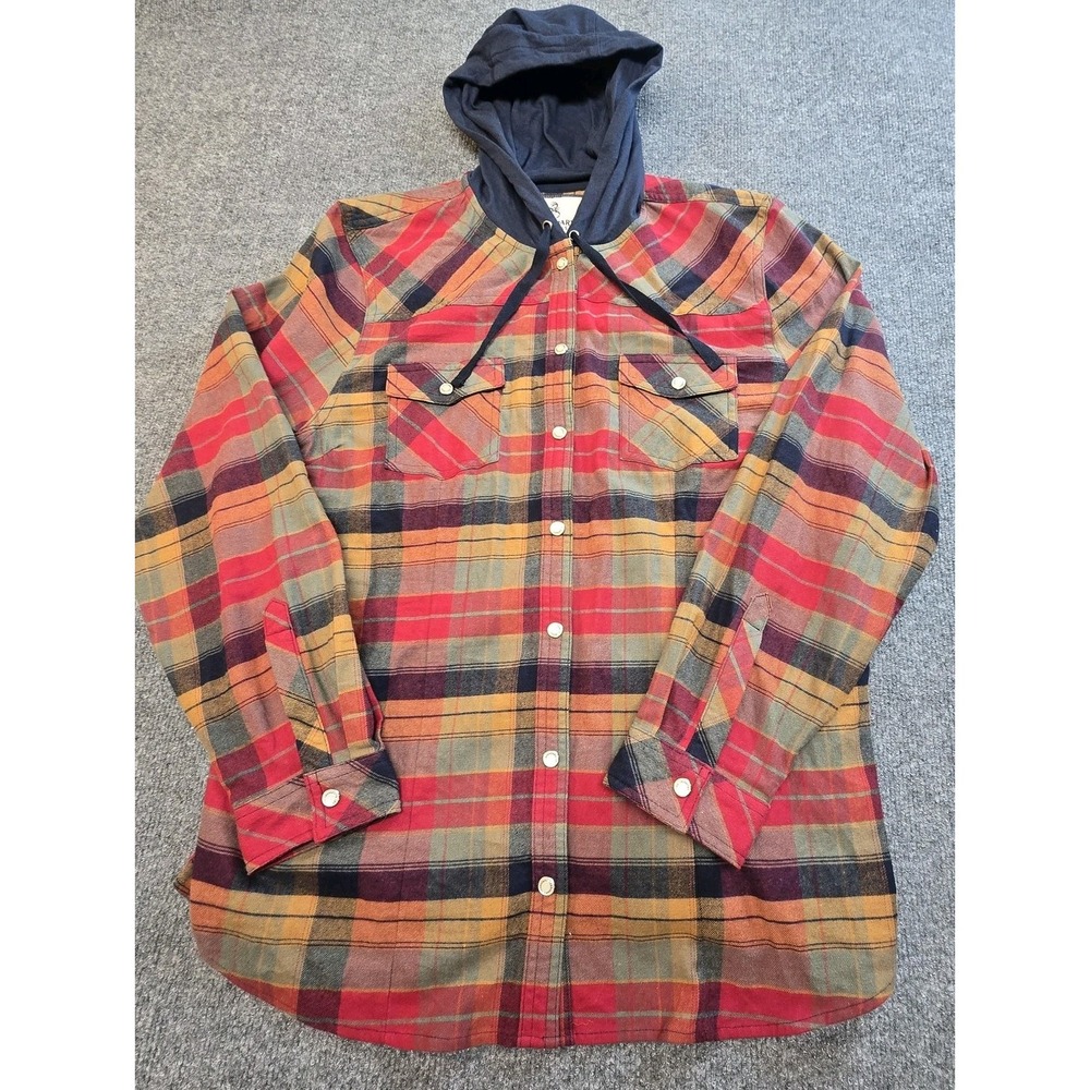 Legendary Whitetails Shirt Jacket Mens XL Red Plaid Hooded Snap Front Flannel